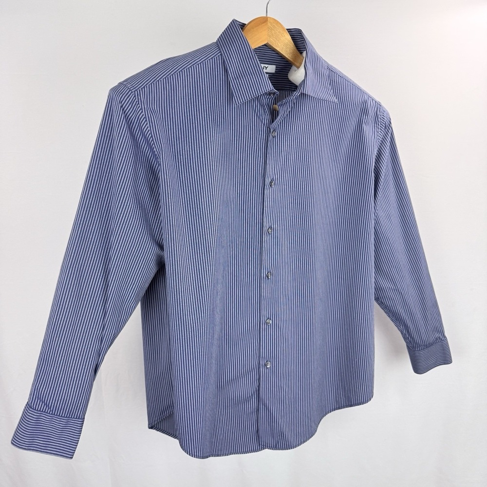 DKNY Button-Up Dress Shirt Mens 17.5 32/33 Slim Fit Blue Striped 100% Cotton LS